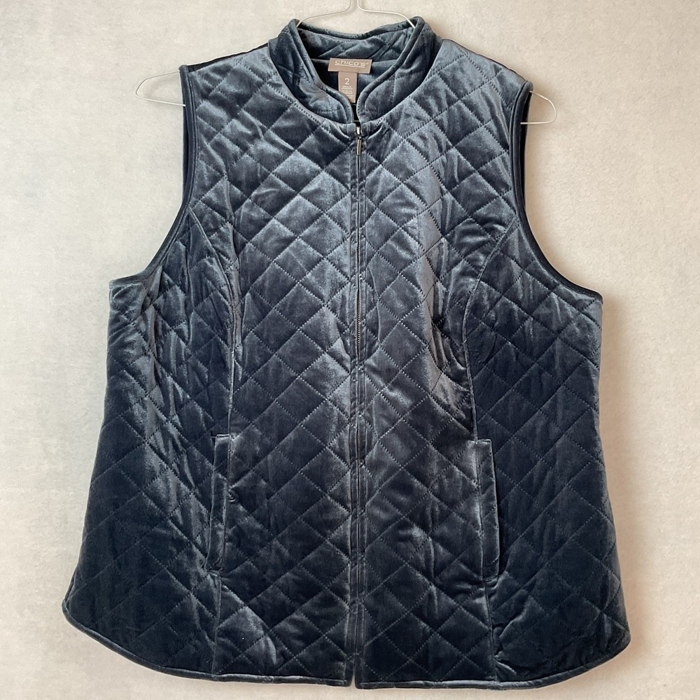 Chicos Quilted Velour Vest Size 2 Womens Large Blue Full Zip Pockets